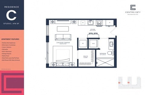 Floor plan for studio, 1 bath, 478 sqft